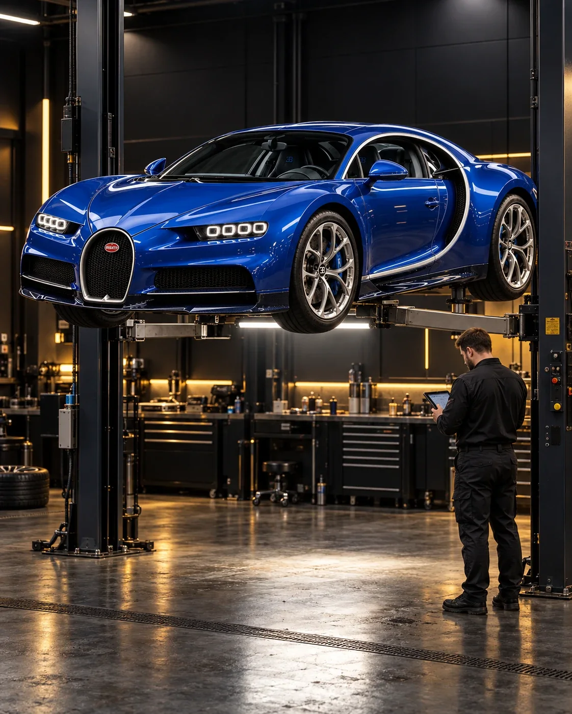 A Bugatti Chiron on a lift during its inspection