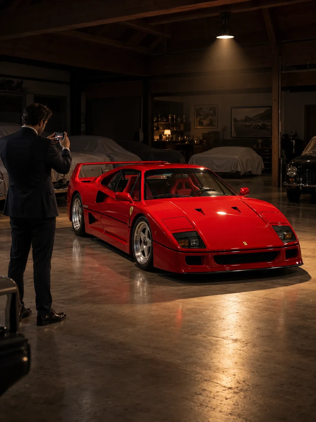 A specialist photographing a red Ferrari F40 in a private garage