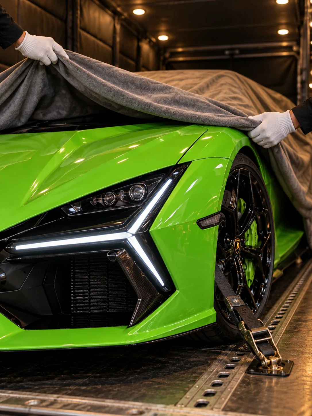 White gloves lifting the cover off a green Lamborghini in a closed transporter