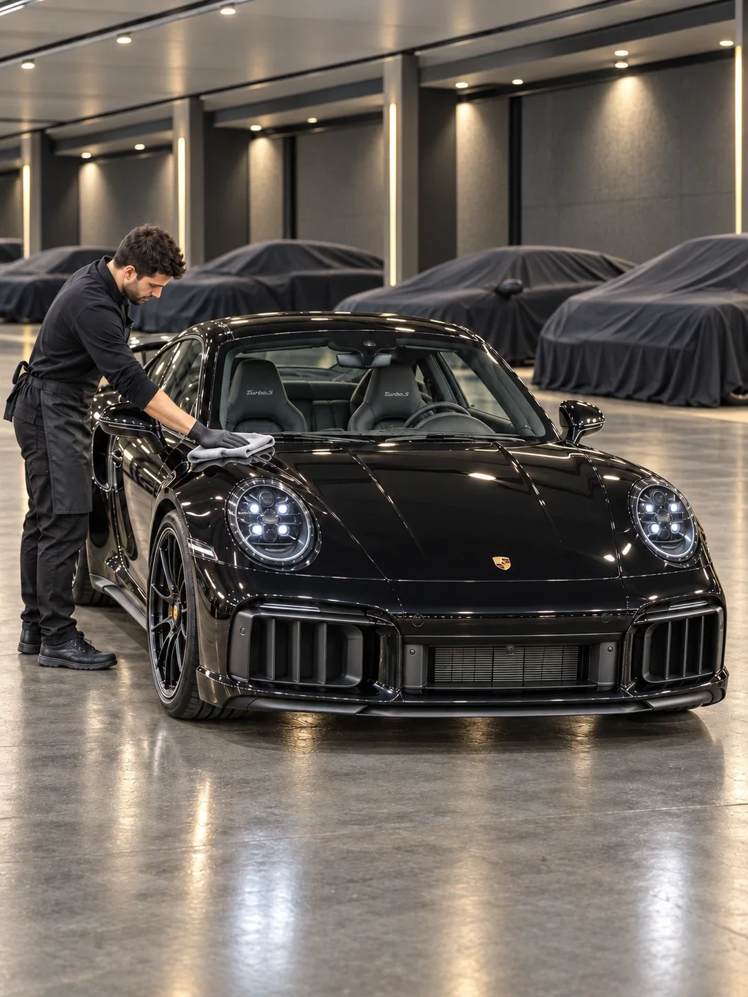 A black Porsche being polished in a private storage hall